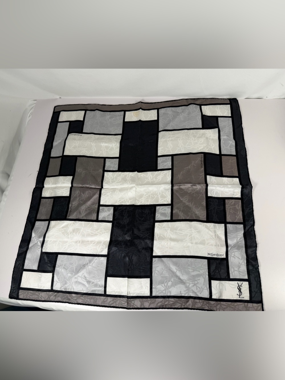 Yves Saint Laurent YSL Monogram Geometric Silk Scarf Black Gray Ivory